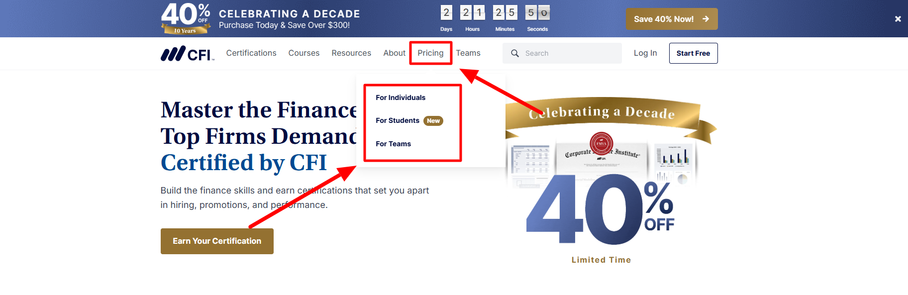 Click on the pricing tab